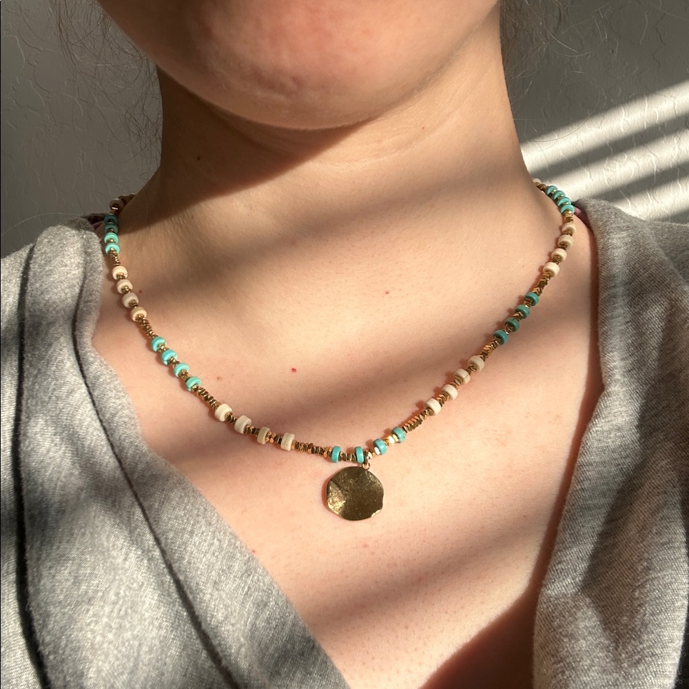 Turquoise and Gold Beaded Necklace - Picture 2 of 5